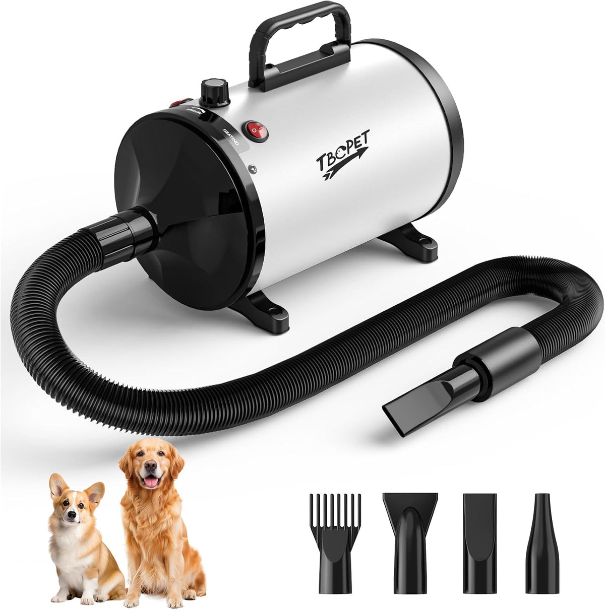 Dog Dryer High Velocity Dog Hair Dryer 5.2HP/2800W, Stepless Adjustable Speed Temperature Dogs Grooming Blaster Dryer, Pet Dryer with 4 Nozzles,Blow Dryer for Dogs(White)