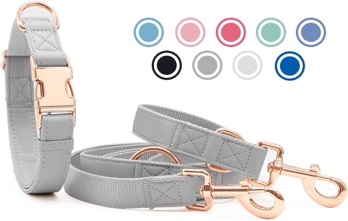 Soft Leather Dog Collar and Lead Set - Stylish Rose Gold Dog Lead and Collar Set with Heavy Duty Metal Buckle, 6.6' Multi-Function Double Ended Lead for Small Medium Large Dogs Grey S