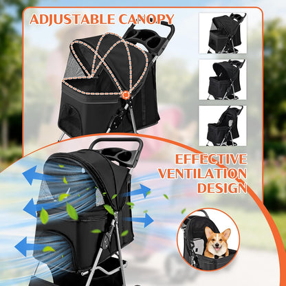Pet Travel Stroller Dog Cat Pushchair Pram Jogger Buggy with 4 Wheels (Black)