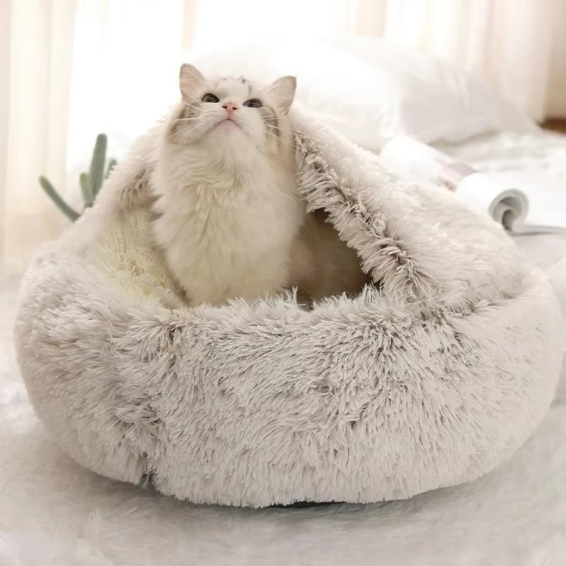 50Cm round Plush Cat Bed Deep Sleep Bed for Cats Winter Warm Dog House Cushion Luxury Long Plush Kitten Puppy Sleeping Sofa Nest