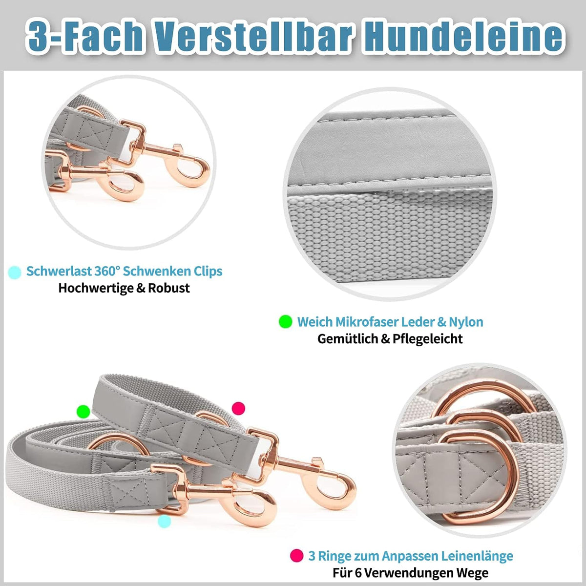Soft Leather Dog Collar and Lead Set - Stylish Rose Gold Dog Lead and Collar Set with Heavy Duty Metal Buckle, 6.6' Multi-Function Double Ended Lead for Small Medium Large Dogs Grey S