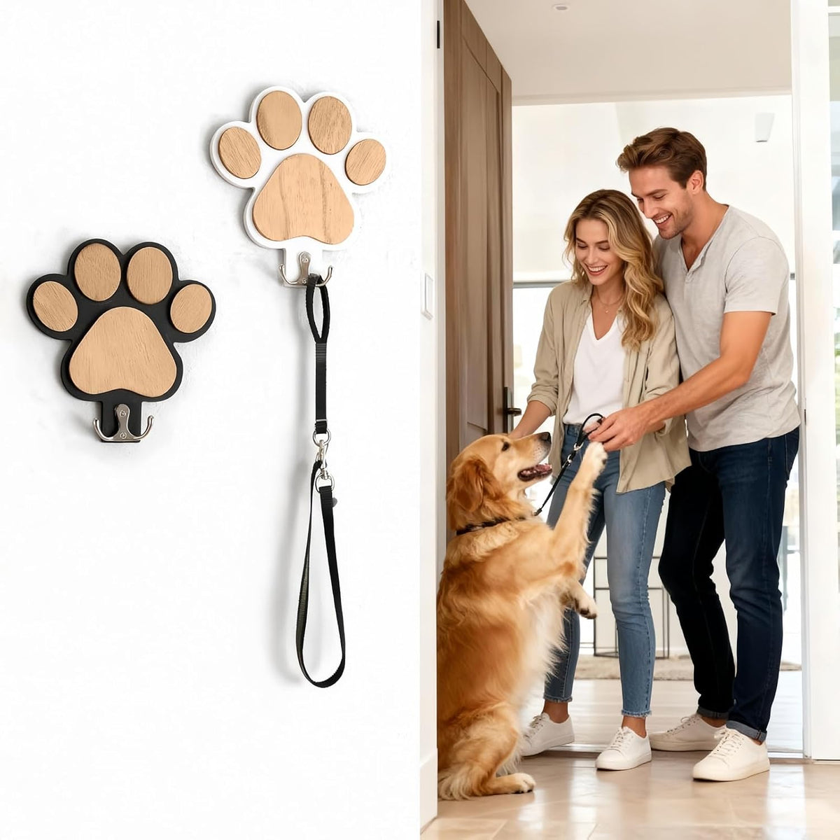 Dog Leash Holder for Wall by the Door,Paw-Shaped Leash Hooks for Wall Decorative,Wall Hooks for Hanging Keychain,Coats & Towels,Gifts for Pet Lovers & Dog Owners,Wooden D/Og Lead Hook(White)