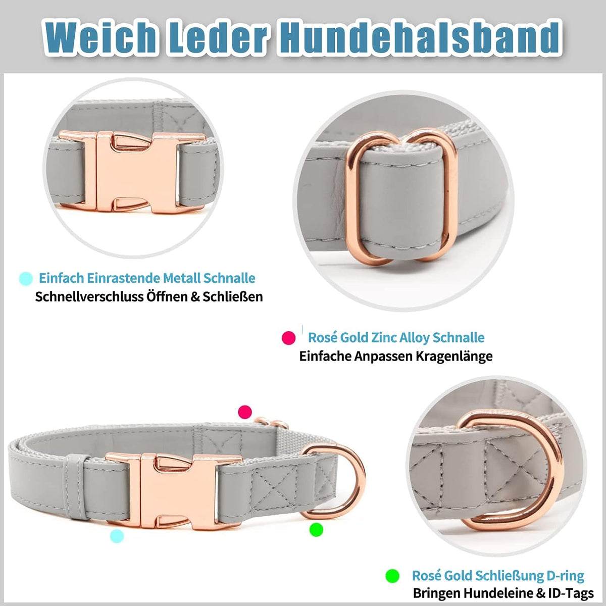 Soft Leather Dog Collar and Lead Set - Stylish Rose Gold Dog Lead and Collar Set with Heavy Duty Metal Buckle, 6.6' Multi-Function Double Ended Lead for Small Medium Large Dogs Grey S