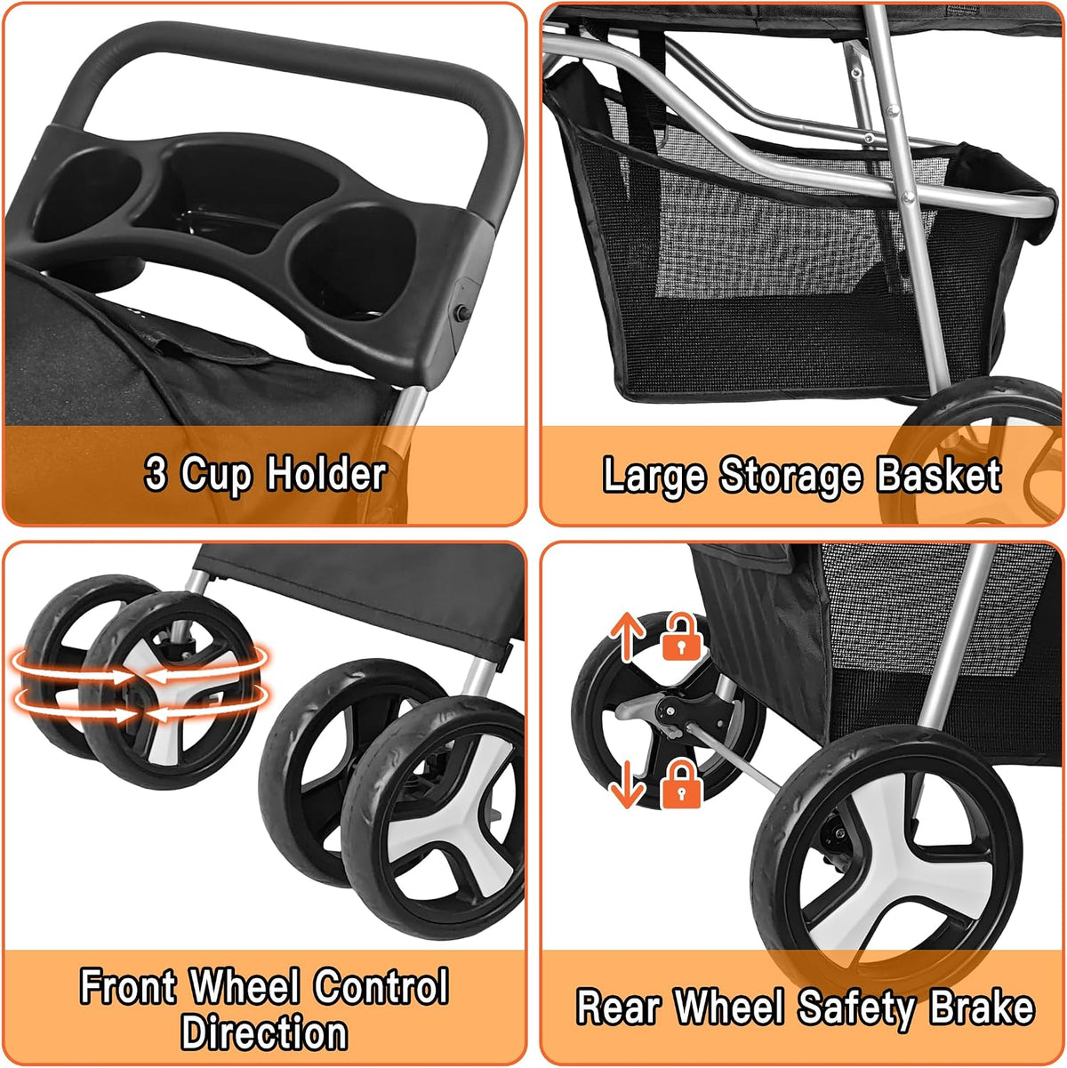 Pet Travel Stroller Dog Cat Pushchair Pram Jogger Buggy with 4 Wheels (Black)