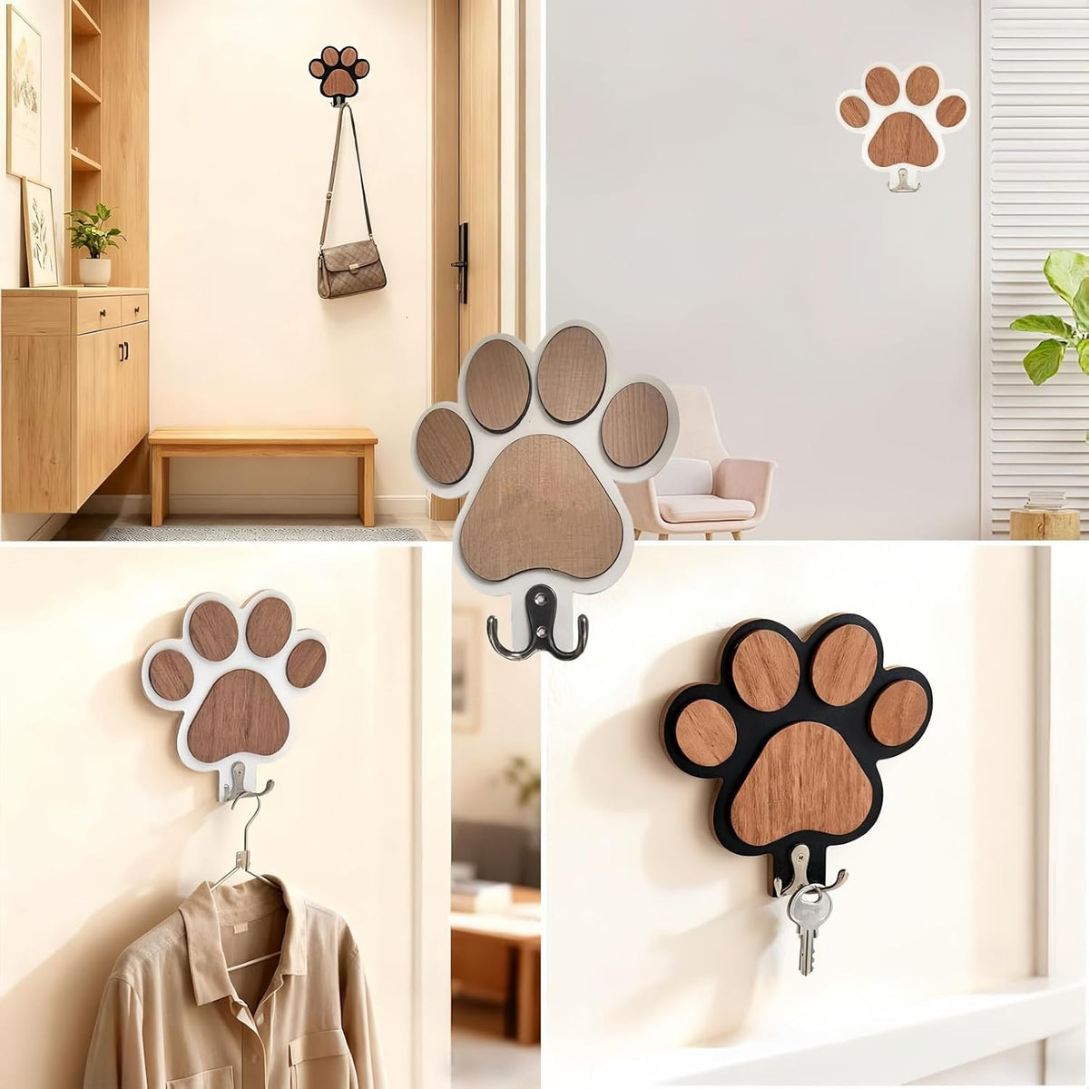 Dog Leash Holder for Wall by the Door,Paw-Shaped Leash Hooks for Wall Decorative,Wall Hooks for Hanging Keychain,Coats & Towels,Gifts for Pet Lovers & Dog Owners,Wooden D/Og Lead Hook(White)