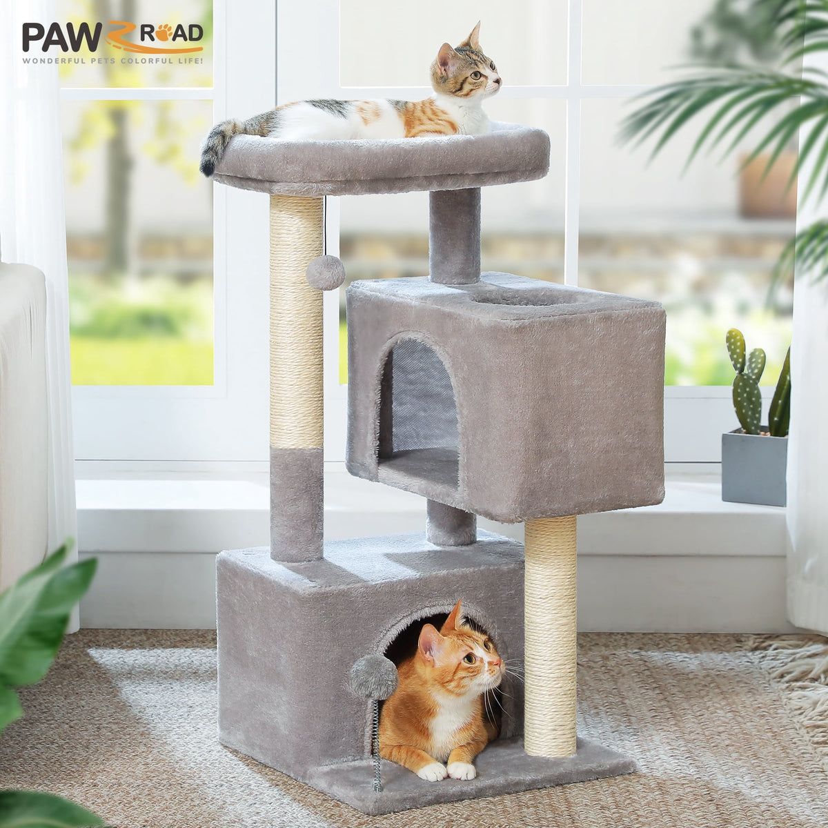 Grey cat tree tower with two large condos