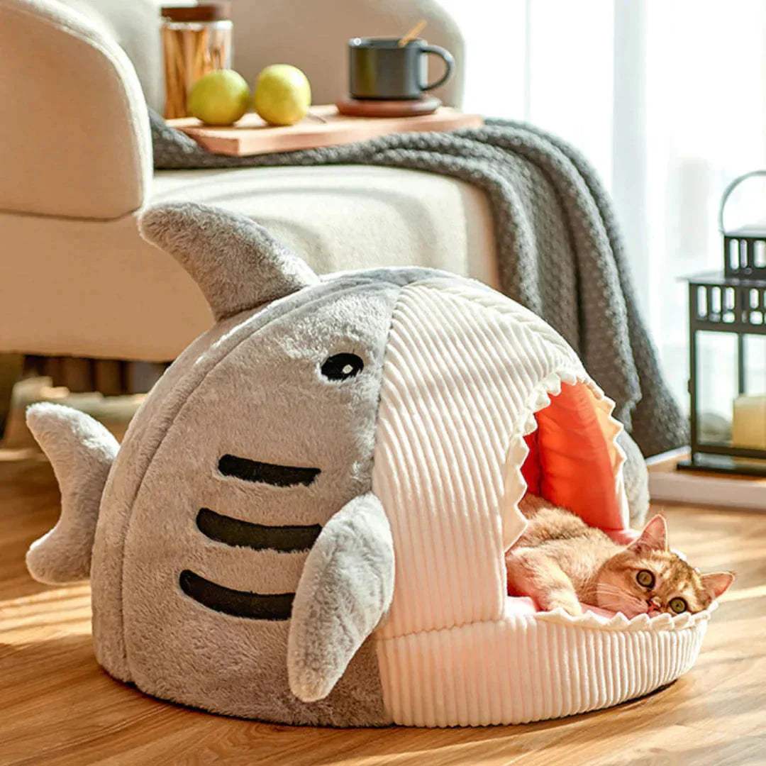 Grey luxury plush shark pet bed